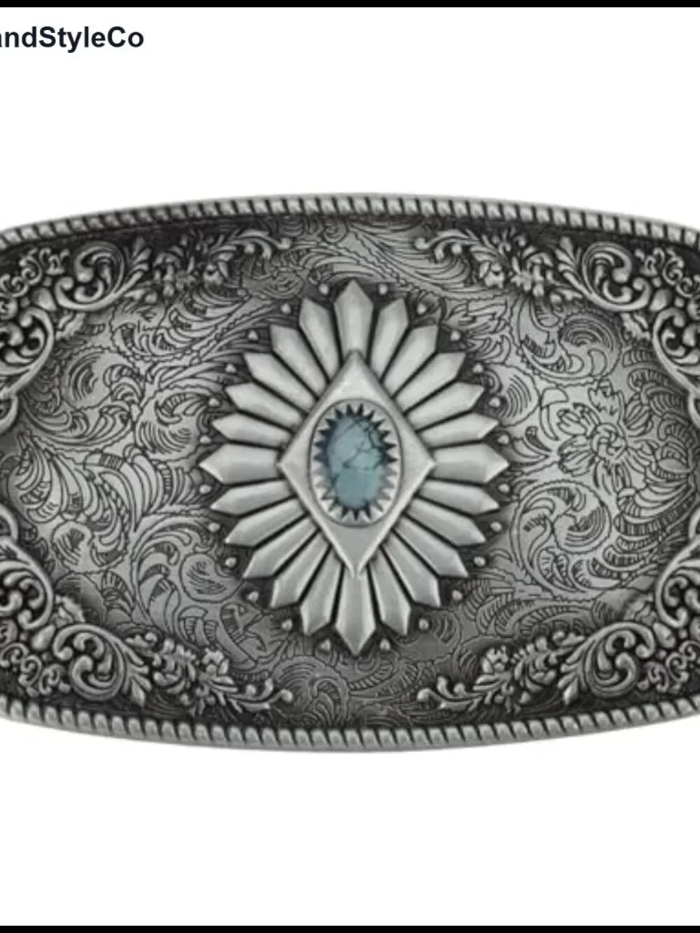 Vintage Western Turquoise Belt Buckle, Alloy Metal, Floral Engraved, 3.5